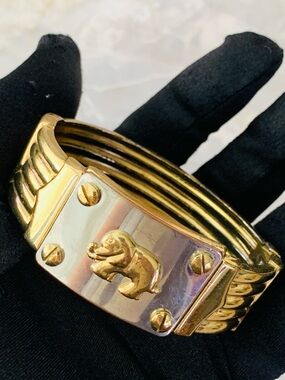 Gold and Silver Elephant Motif Vintage Clamper Hinged Bracelet